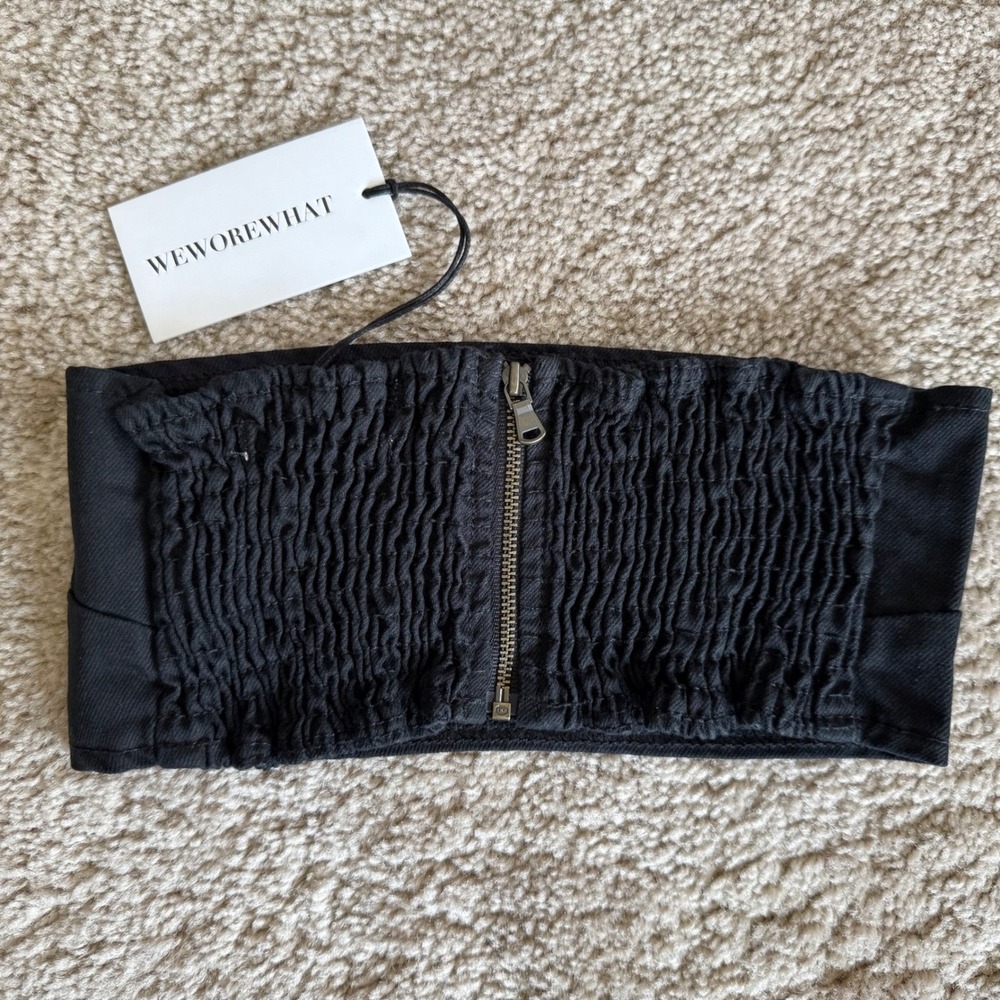 WeWoreWhat Smocked Black Bandeau Top Zip Hook Eye Back Closure‎ Sz XS NWT - Picture 5 of 9
